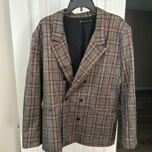 Women Plaid Blazer - Gray and Pink